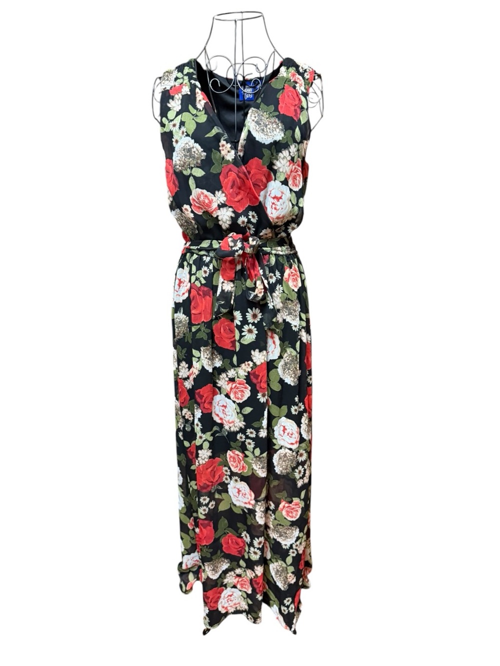 Disney Beauty Beast Floral Sleeveless Maxi Dress with Tie Waist - Black/Red